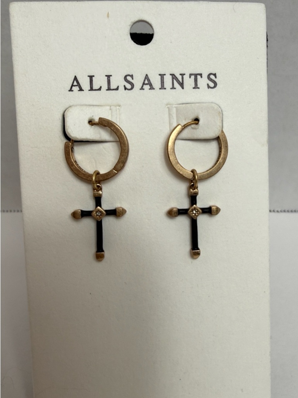AllSaints Gold Hoop Pierced Earrings with Black Cross Pendants New